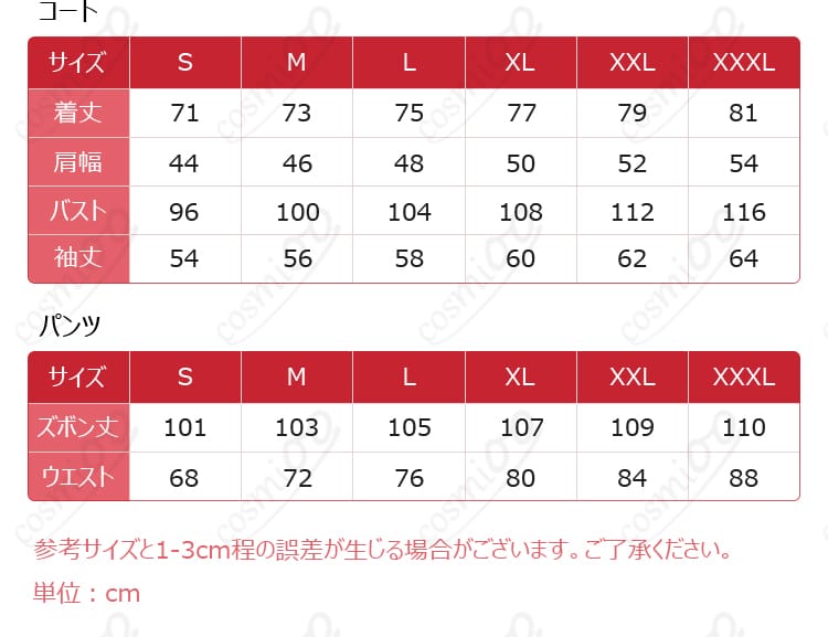 各サイズ表記(S〜XXXL)と寸法ガイドの表示