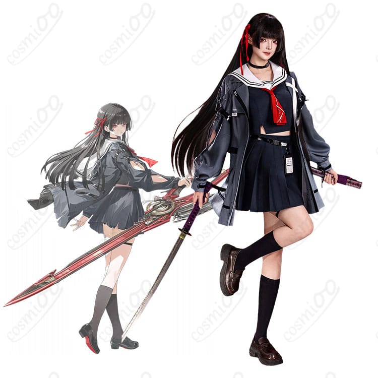 朽葉千咲 制服コスプレの全身イメージ。ジャケットとスカート、赤い飾り紐とリボン小物のコーデが分かる画像