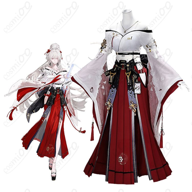 鳴潮 緋雪の巫女服を着用した全身イメージ。白×紅×黒の高コントラスト配色と和風装飾が映える。