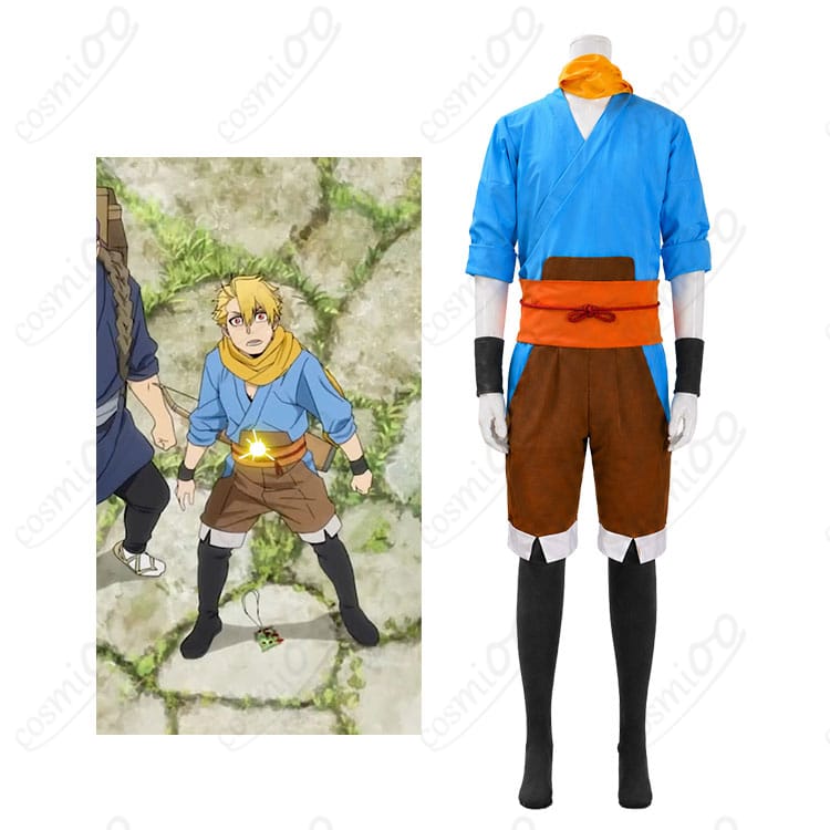『黄泉のツガイ』ユルの青い上着と黄色マフラーを着用した和装風コスプレ衣装イメージ