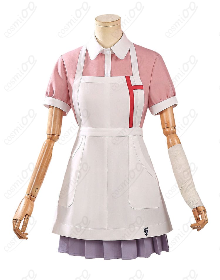 罪木蜜柑 通常衣装コスプレの正面デザイン、白いブラウスとエプロンの全体像