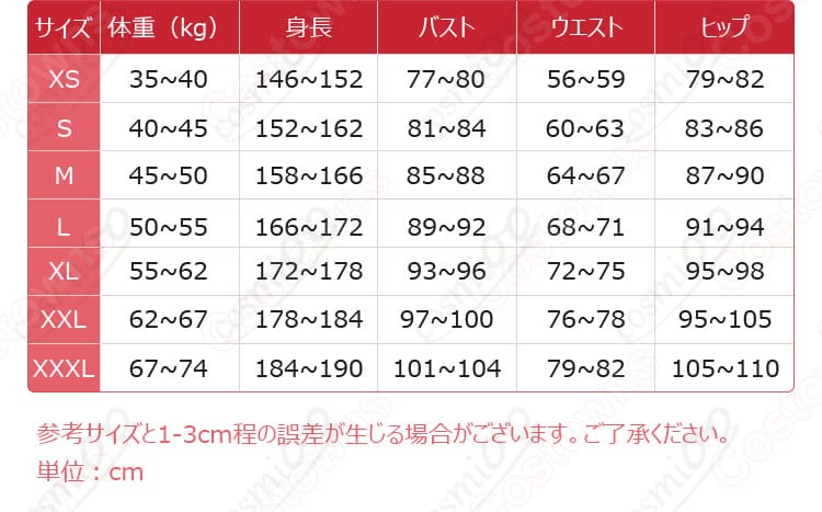 シトラリコスプレ衣装のS〜XXLサイズ表とセット内容案内
