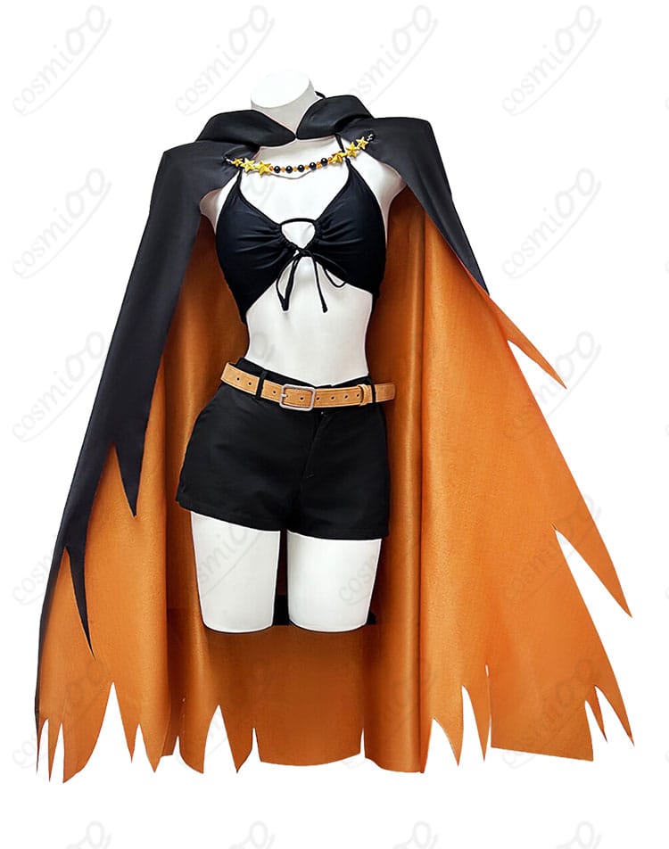 シャウラ第4期コスプレ衣装の正面デザイン、黒×オレンジのマントとトップス