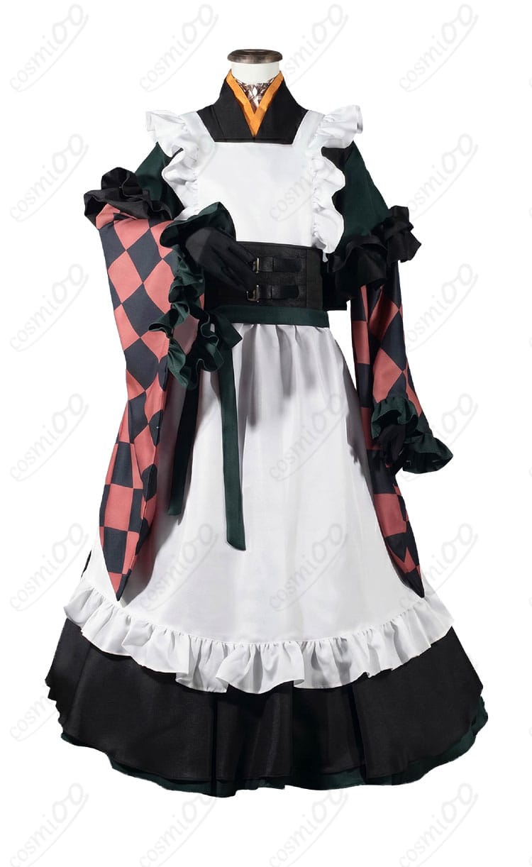 儒烏風亭らでん メイド服コスプレ衣装のトップスとエプロンを正面から見た画像