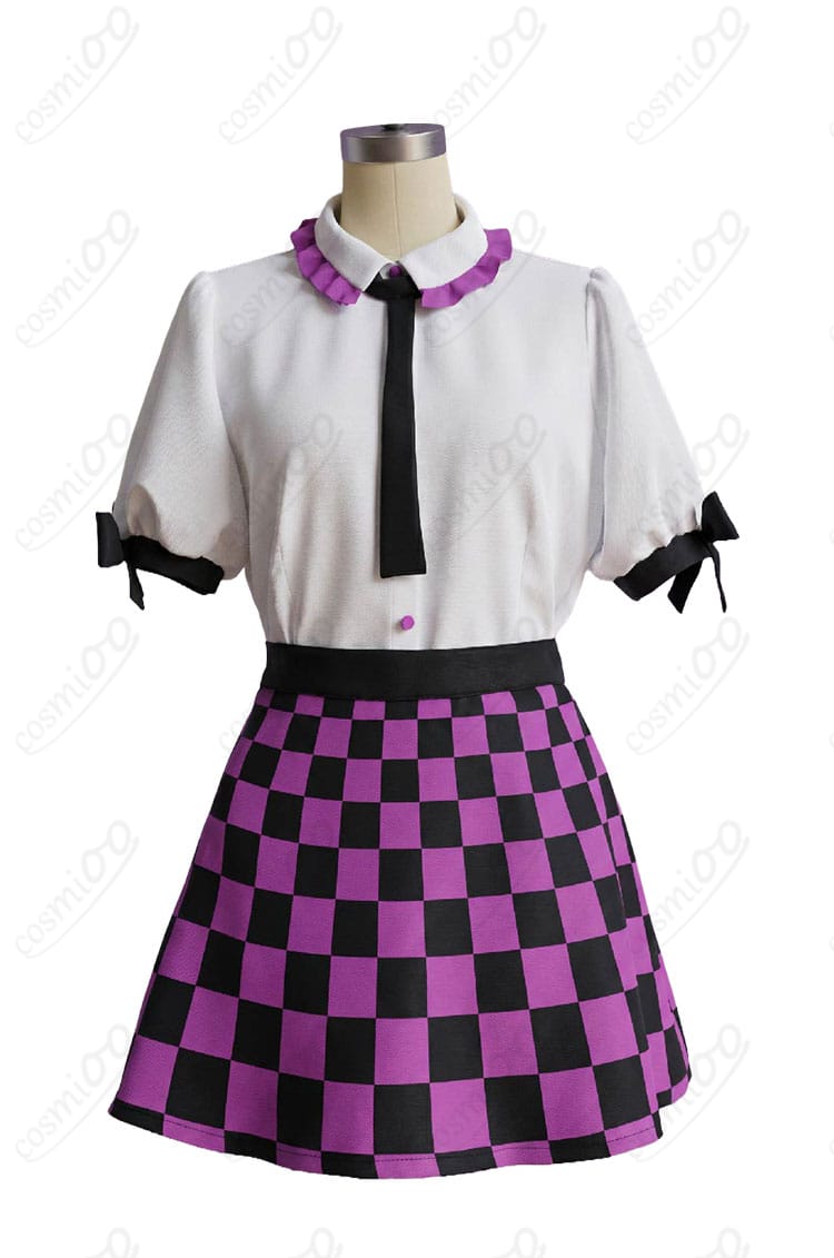 姫海棠はたて制服風コスプレ衣装のトップスと紫×黒チェックスカート正面