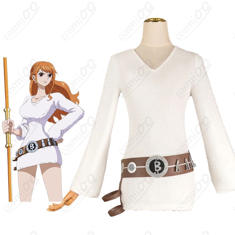 ONE PIECE(ワンピース)ナミの白い長袖ミニワンピースコスプレ衣装の着用イメージ