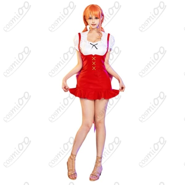 ONE PIECE ナミ ホールケーキアイランド編 赤白ドレス コスプレ衣装 背面リボン付き