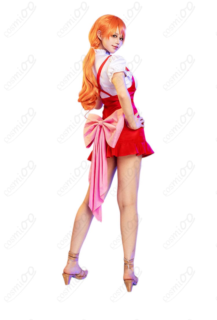 ONE PIECE ナミ 赤白ドレスコスプレ衣装の側面から背面にかけたデザイン