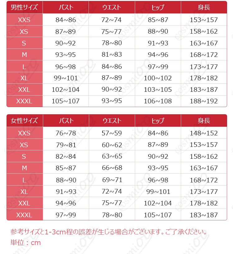 リネット・ミラー通常衣装のXS〜XL対応サイズ案内