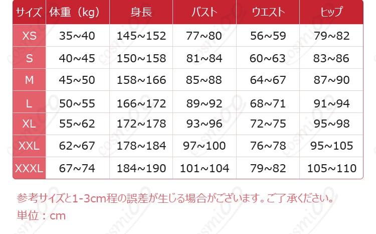 アーロイのコスプレ衣装セット内容とSからXXLのサイズ案内