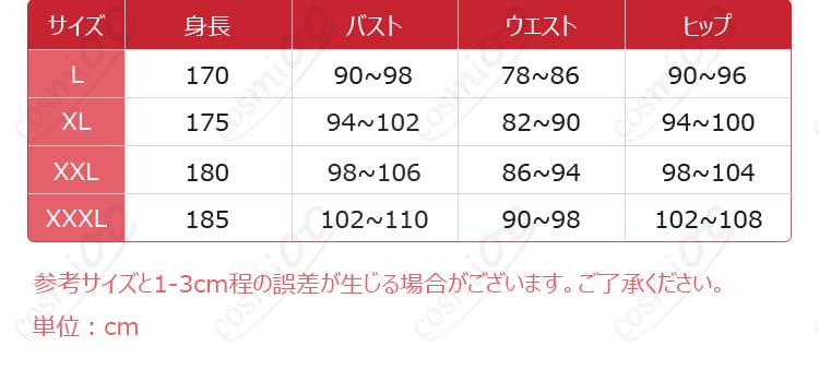 ギルガメッシュ コラボ衣装のL・XXL・XXXLサイズ案内