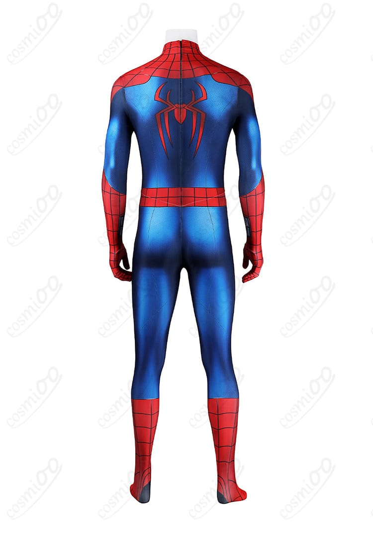 スパイダーマン全身ボディスーツ背面の蜘蛛模様と縫製ライン