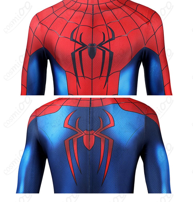 スパイダーマン衣装の正面と背面に施された蜘蛛模様の装飾