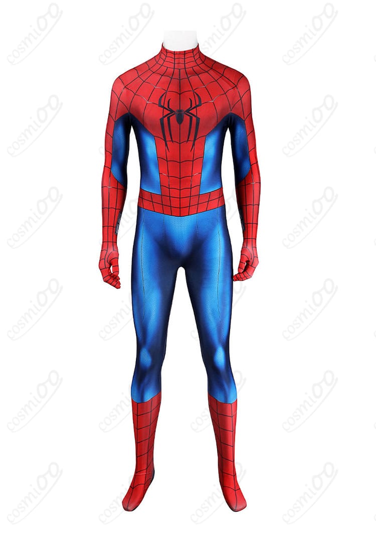 スパイダーマン衣装正面の蜘蛛模様とボディラインのディテール