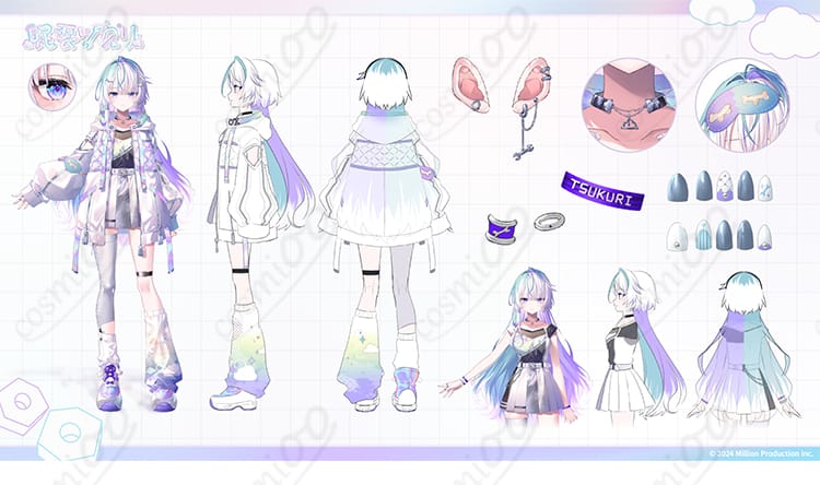 眠雲ツクリのコスプレ衣装とベルト、靴下、レッグカバー、太ももベルト、チョーカーのセット内容