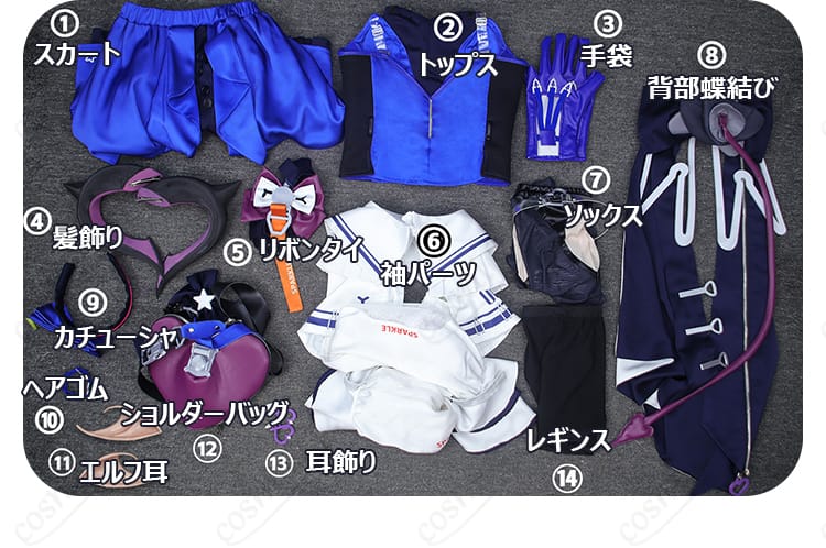 リーノ コスプレ衣装のトップスや小物を含む14点セット内容