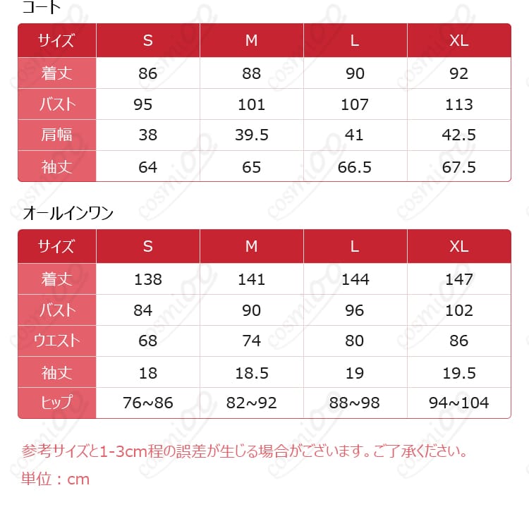 ヴェクター衣装のS・M・L・XLサイズ案内