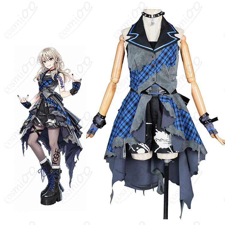 河原木桃香のキャラクター画像と青チェック×黒のコスプレ衣装