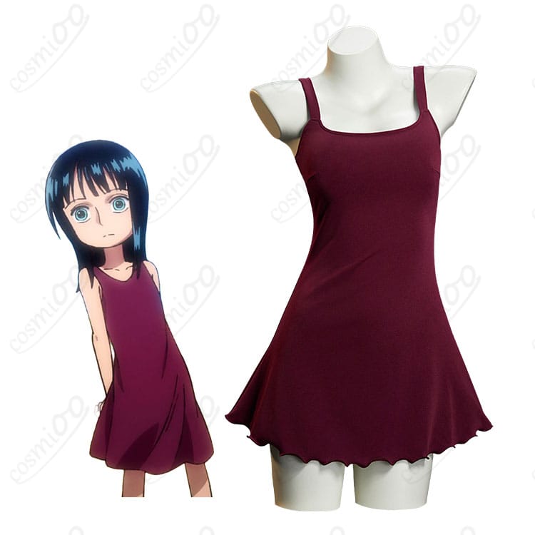ニコ・ロビン幼少期の人物イメージとボルドーワンピース衣装を並べた画像