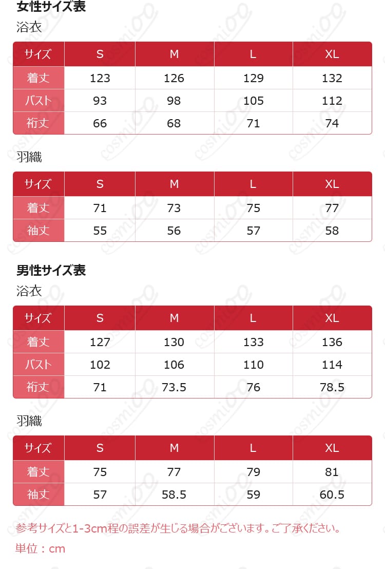 星導ショウ浴衣Ver.コスプレ衣装のサイズ表示
