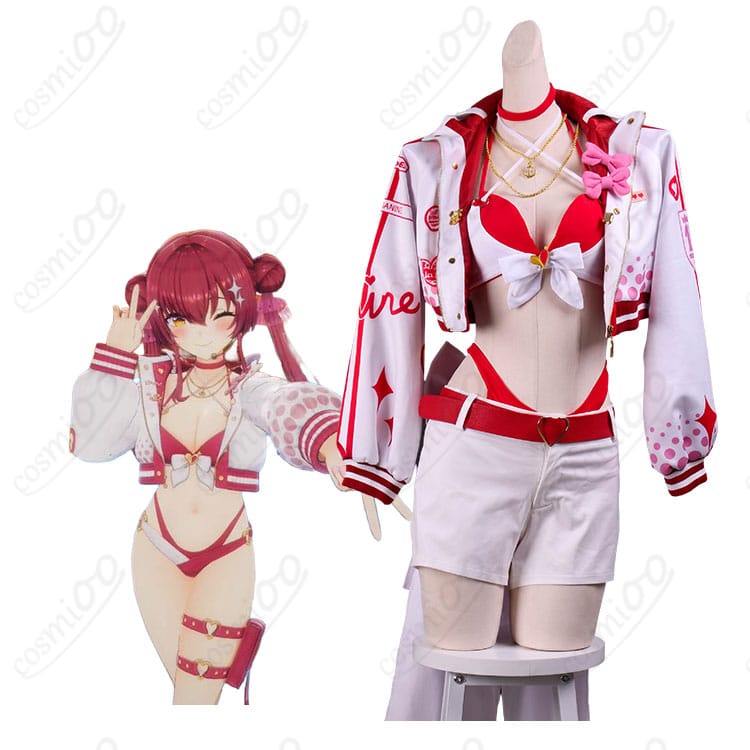 宝鐘マリンのキャラクター画像と、くらげ風水着コスプレ衣装の商品画像