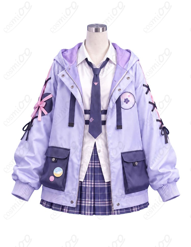 結城さくな 制服Ver.衣装の正面、ラベンダーのアウターとチェック柄スカート