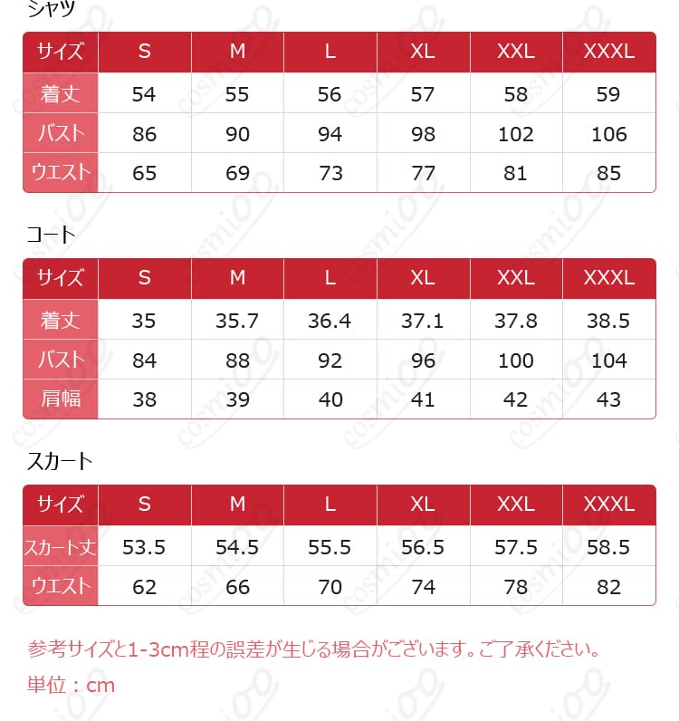 マシュの英霊学装コスプレ衣装の商品サイズとセット内容の案内