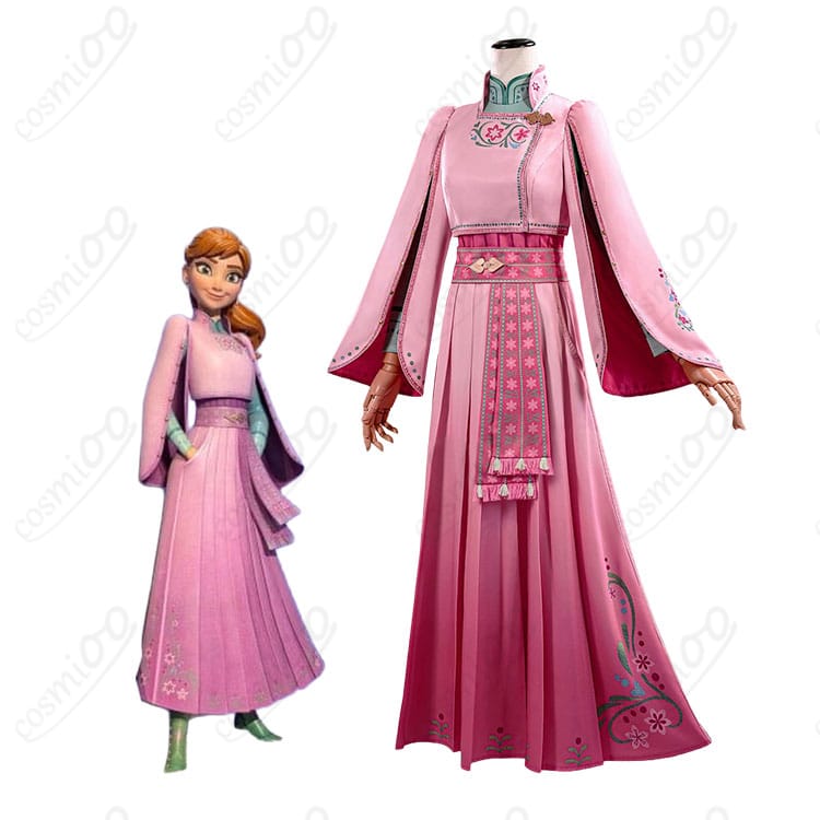 アナと雪の女王のアナのキャラクター画像とピンクの花柄コスプレ衣装