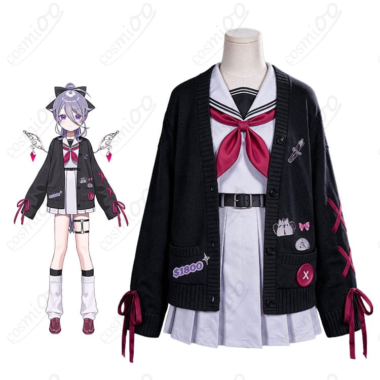 ホロライブの古石ビジューのキャラクター画像とコンバットアカデミー制服Ver.のコスプレ衣装