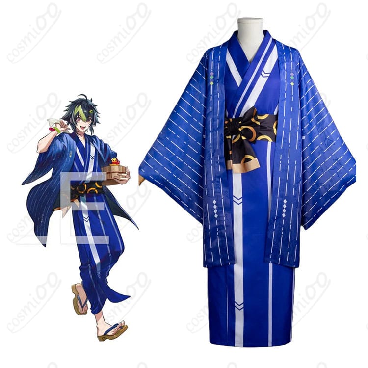 にじさんじ 伊波ライのキャラクター画像と極楽湯第二弾コラボ和装コスプレ衣装の商品画像
