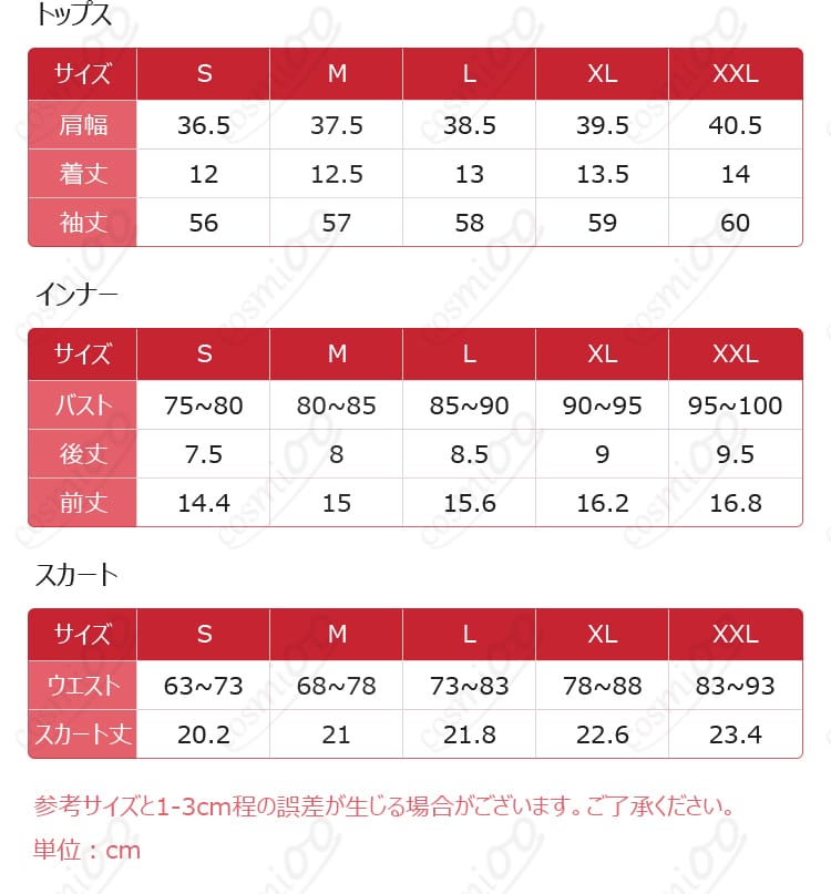 マシュ・キリエライト 常夏の水着Ver.03コスプレ衣装のサイズ案内