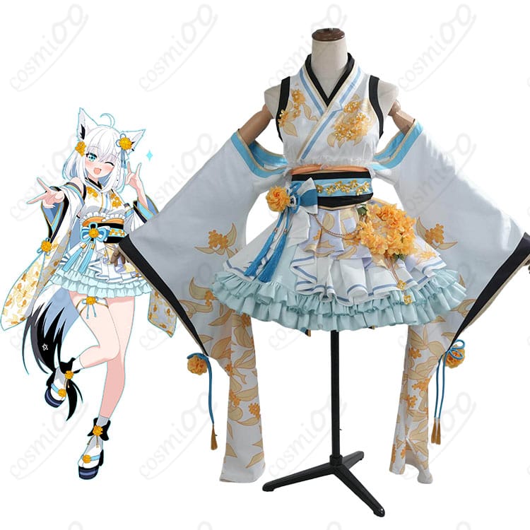 白上フブキのキャラクター画像と「狐のお宮でこんこんこん」コスプレ衣装の比較