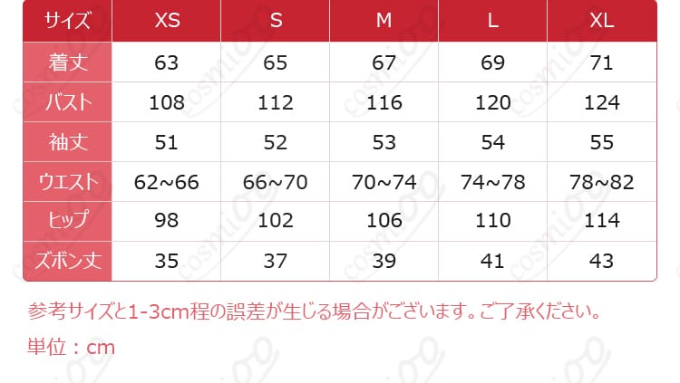 鳳えむのコスプレ衣装のサイズ情報と商品内容を示す画像