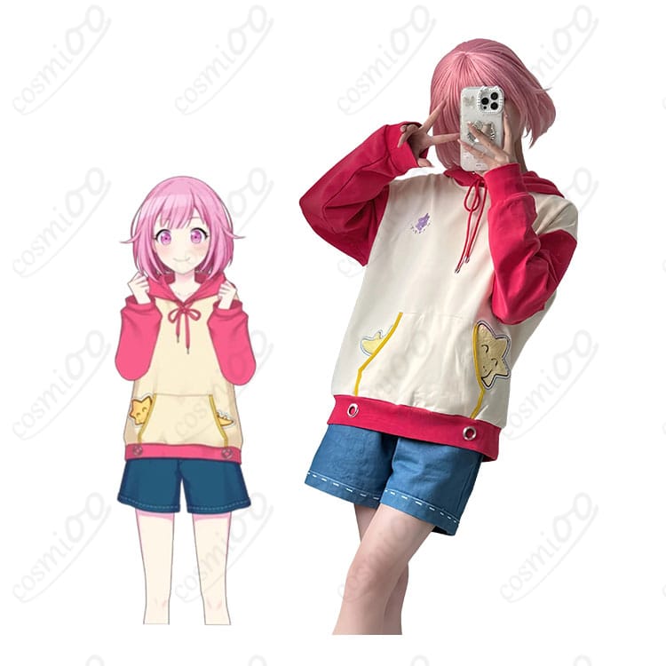 プロセカの鳳えむのキャラクター画像とフード付きトップス・パンツのコスプレ衣装