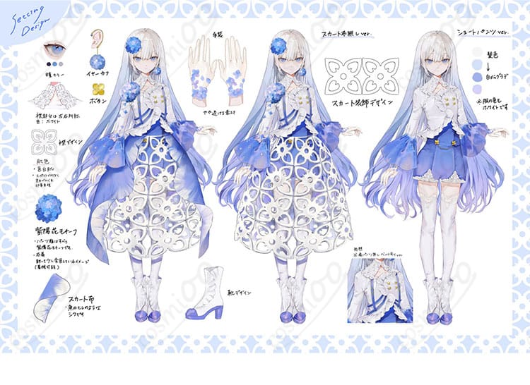 妃那子のコスプレ衣装をパーツごとに紹介するブルードレスと付属小物の詳細画像