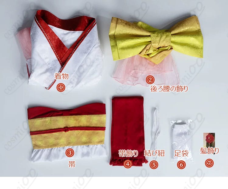 桃園奈々生の晴れ着コスプレ衣装の着物・帯・髪飾りなど7点のセット内容