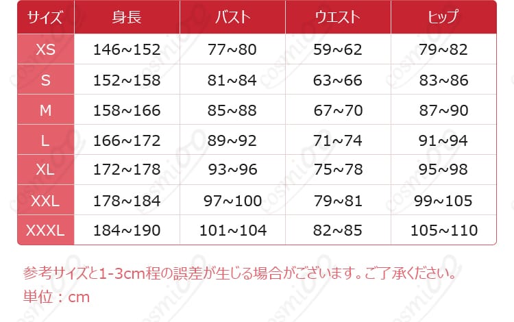 ドキバード コスプレ衣装のサイズガイド。お客様の体型に合わせて最適なサイズを選べます。