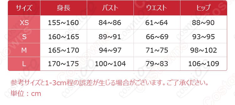 ペラップ コスプレ衣装のサイズと寸法に対応した画像。購入前に確認しておきたい詳細情報です。