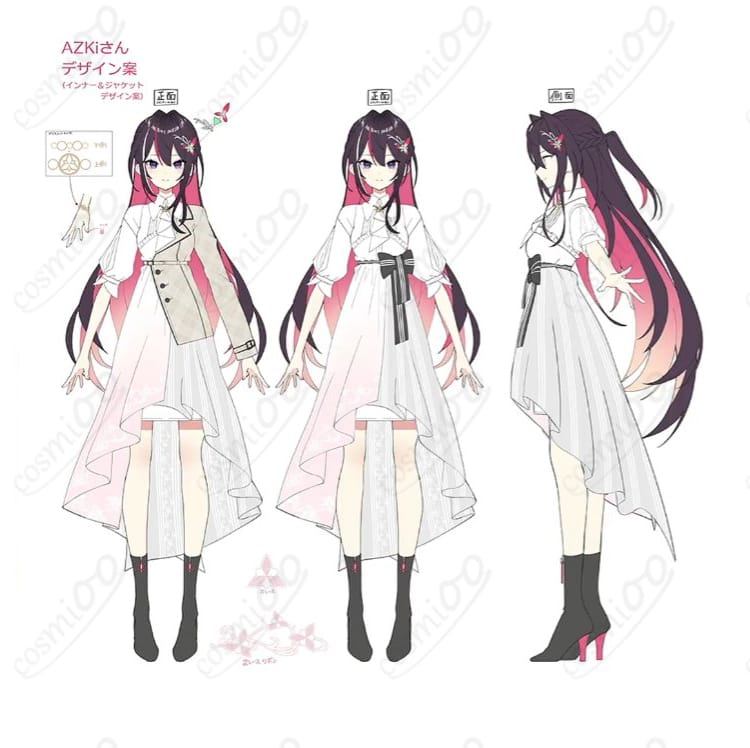 ホロライブのAZKiコスプレ衣装を着たキャラクターの正面画像。細部まで忠実に再現されたデザインが特徴。コスプレ通販で購入可能！