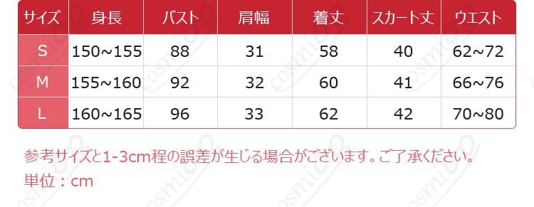 桜ミクコスプレ衣装のサイズと対応するデータの図。サイズ選びの参考に最適です。