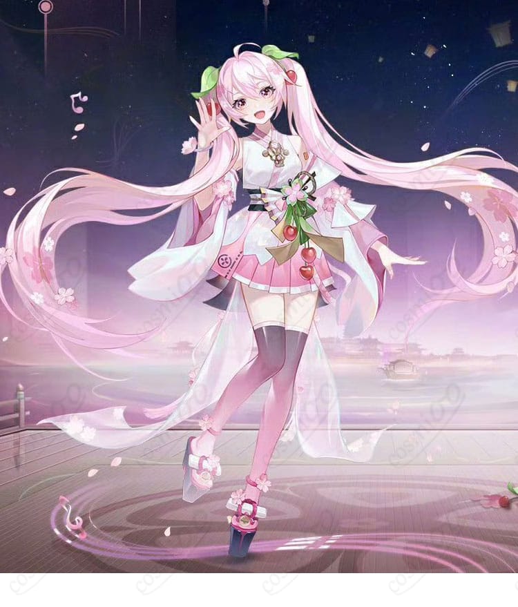 初音ミク桜ミクコスプレ衣装のキャラクター画像。コスプレ衣装の全身が映る美しいデザイン。