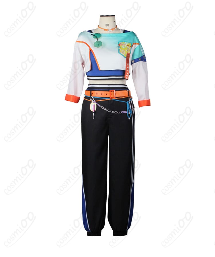 コスプレ衣装の正面全体画像。鮮やかなオレンジ色の衣装が特徴。