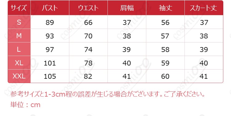 サイズガイドと実際の寸法データを示す画像、コスプレ衣装のサイズ選びに役立つ情報。