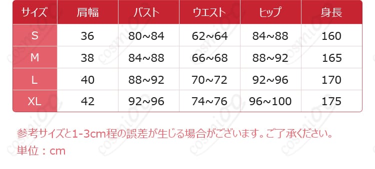 ローゼンメイデン 翠星石 コスプレ衣装 サイズデータ画像 - サイズと寸法の対応関係を確認