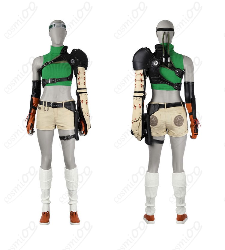 ユフィ・キサラギのコスプレ衣装の正面と背面のディテールを示す画像。