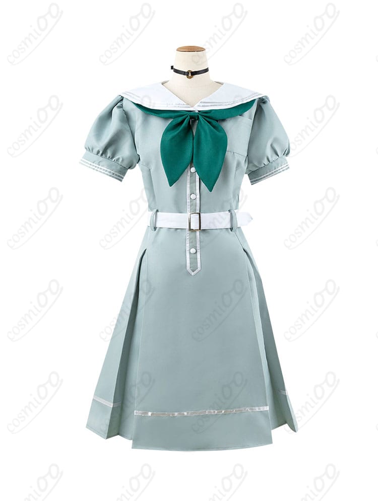 ラブライブ！蓮ノ空の夏制服ワンピースコスプレ衣装の正面画像。スカーフ、ベルト、チョーカーが特徴的なデザインです。