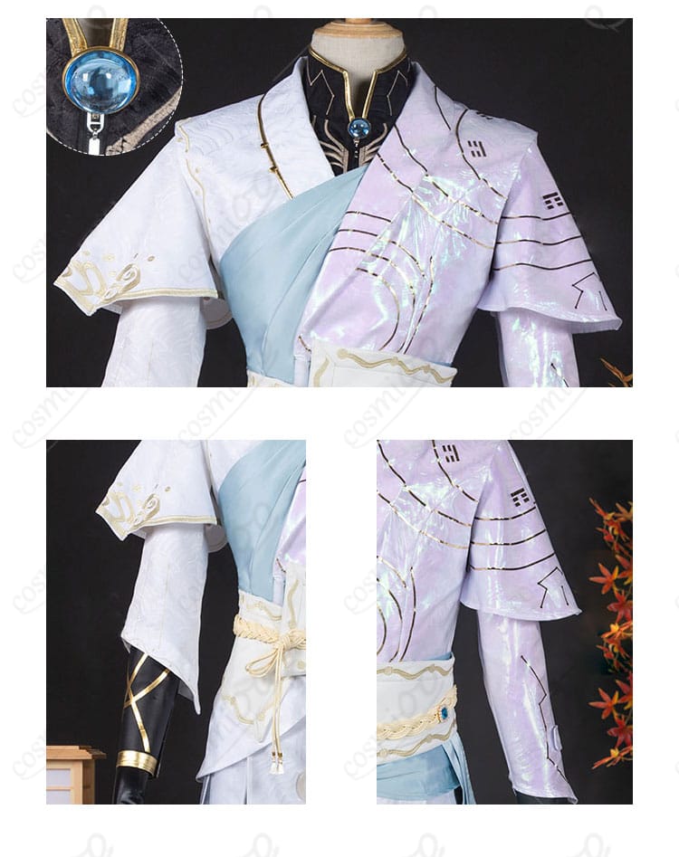 白黒無常（謝必安）のコスプレ衣装の上衣アクセサリー詳細、精緻な装飾と刺繍が特徴。