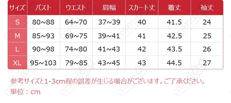 初音ミク コスプレ衣装のサイズと寸法対応データ画像。サイズ選びの参考に！