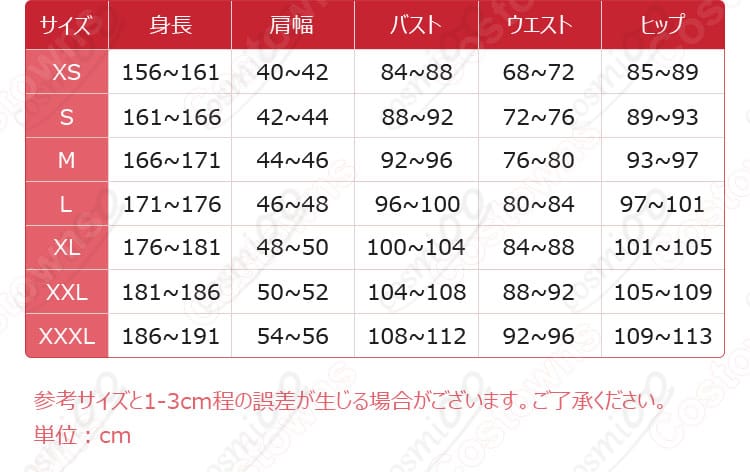 サイズと寸法の対応表。適切なサイズを選ぶための目安として。