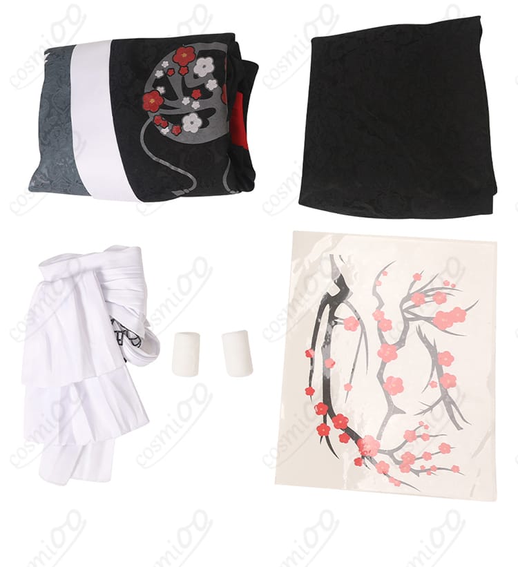 FF14 夜鶴胴着 コスプレ衣装のセット内容展示。トップス、スカート、帯など、すべてが含まれています。